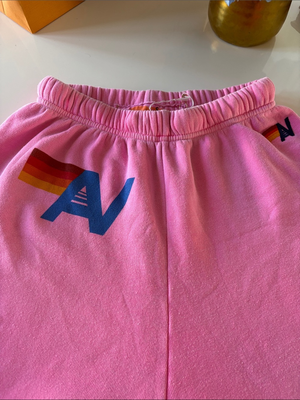 Aviator Nation Pink Track Joggers with Rainbow Stripe & Blue Logo